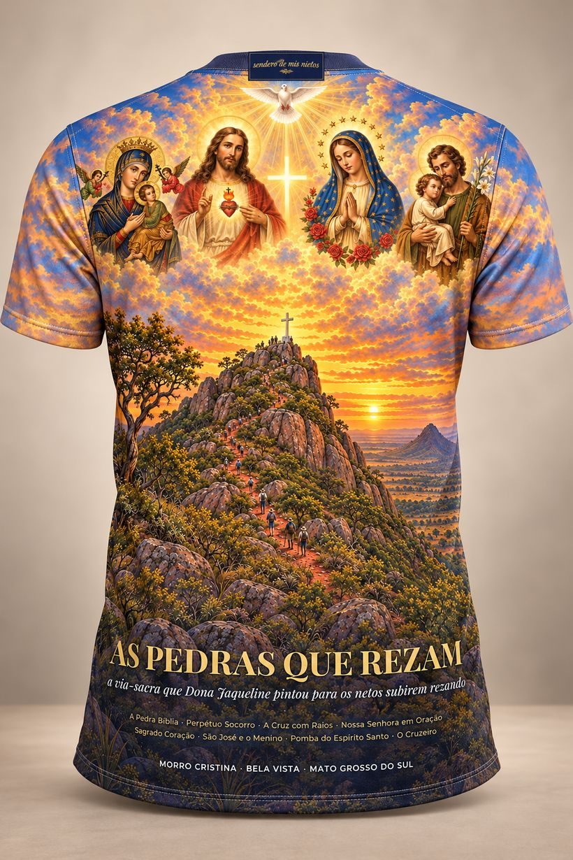 Camiseta B, costas: as santas sobre o morro no pôr do sol